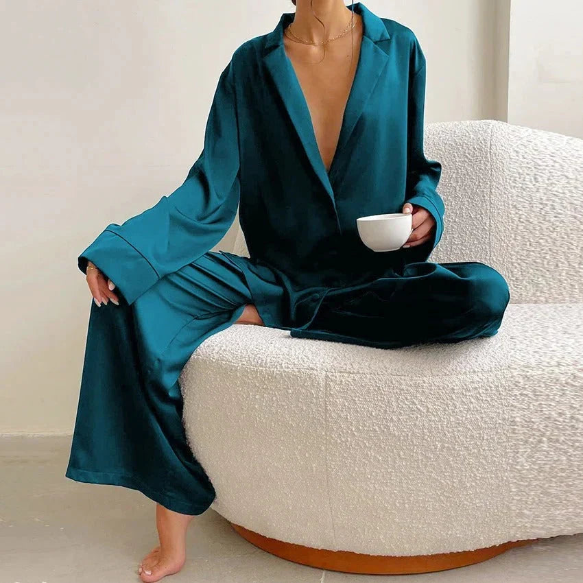Ensemble pyjama en satin pour femme | Chemise boutonnée et pantalon large