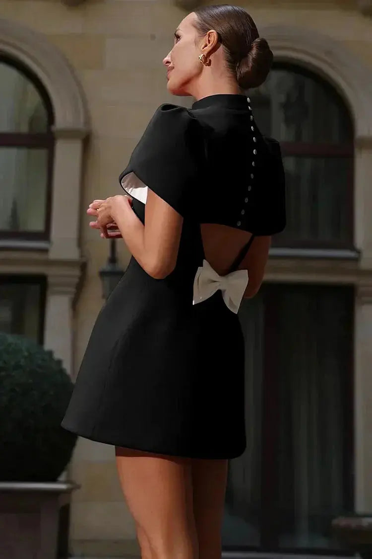 Structured Mini Dress with Puff Sleeves and Mock Neck