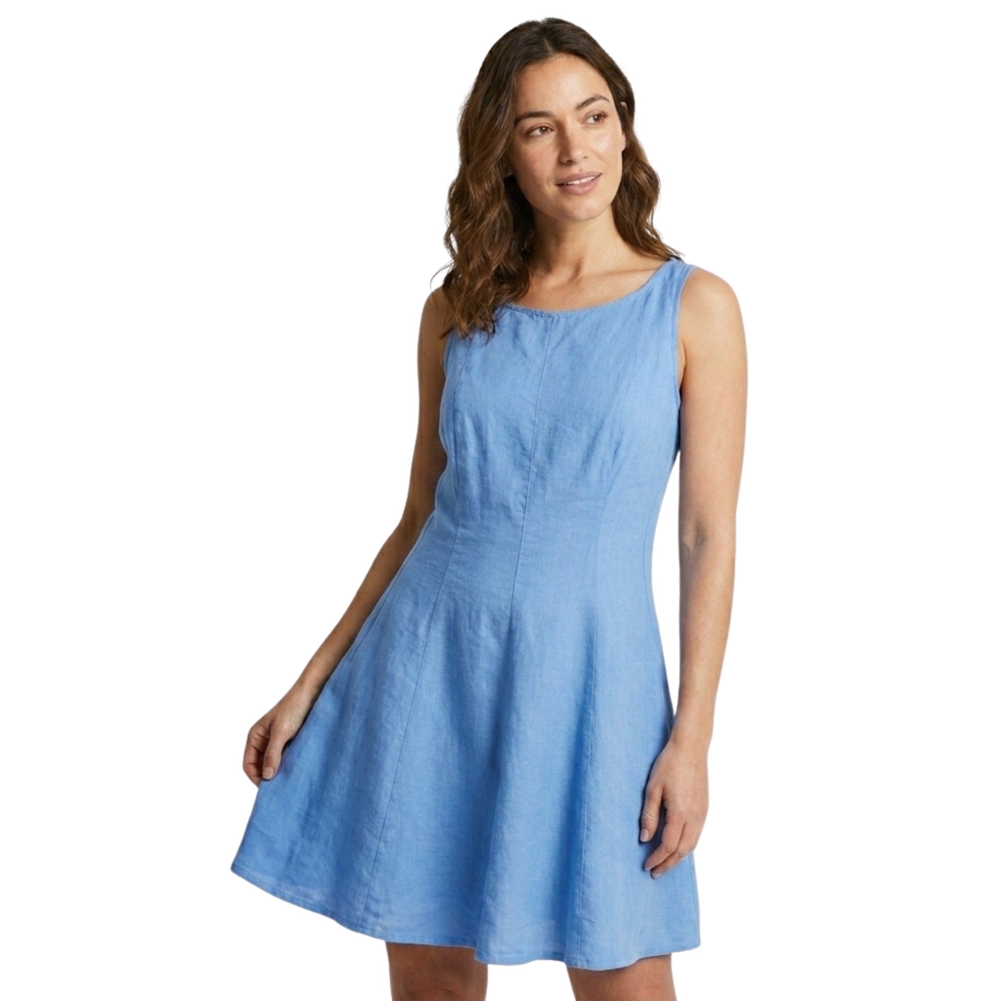 Linen Blend Shift Dress with Boat Neck and A-Line Skirt