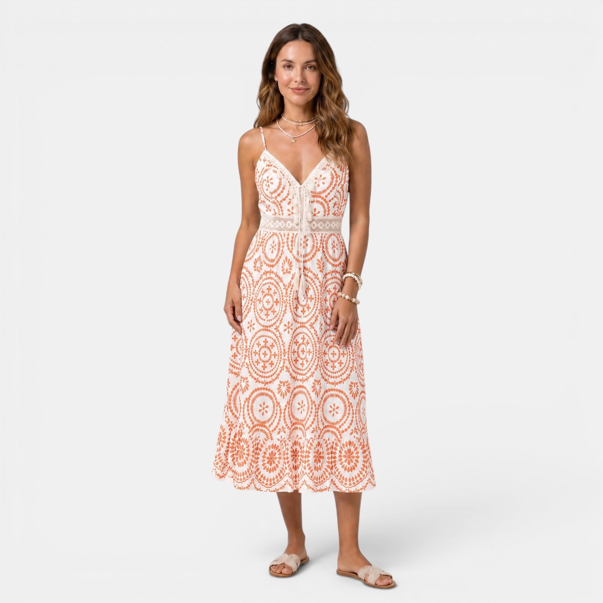 Embroidered Midi Dress with V-Neck and Tie Waist