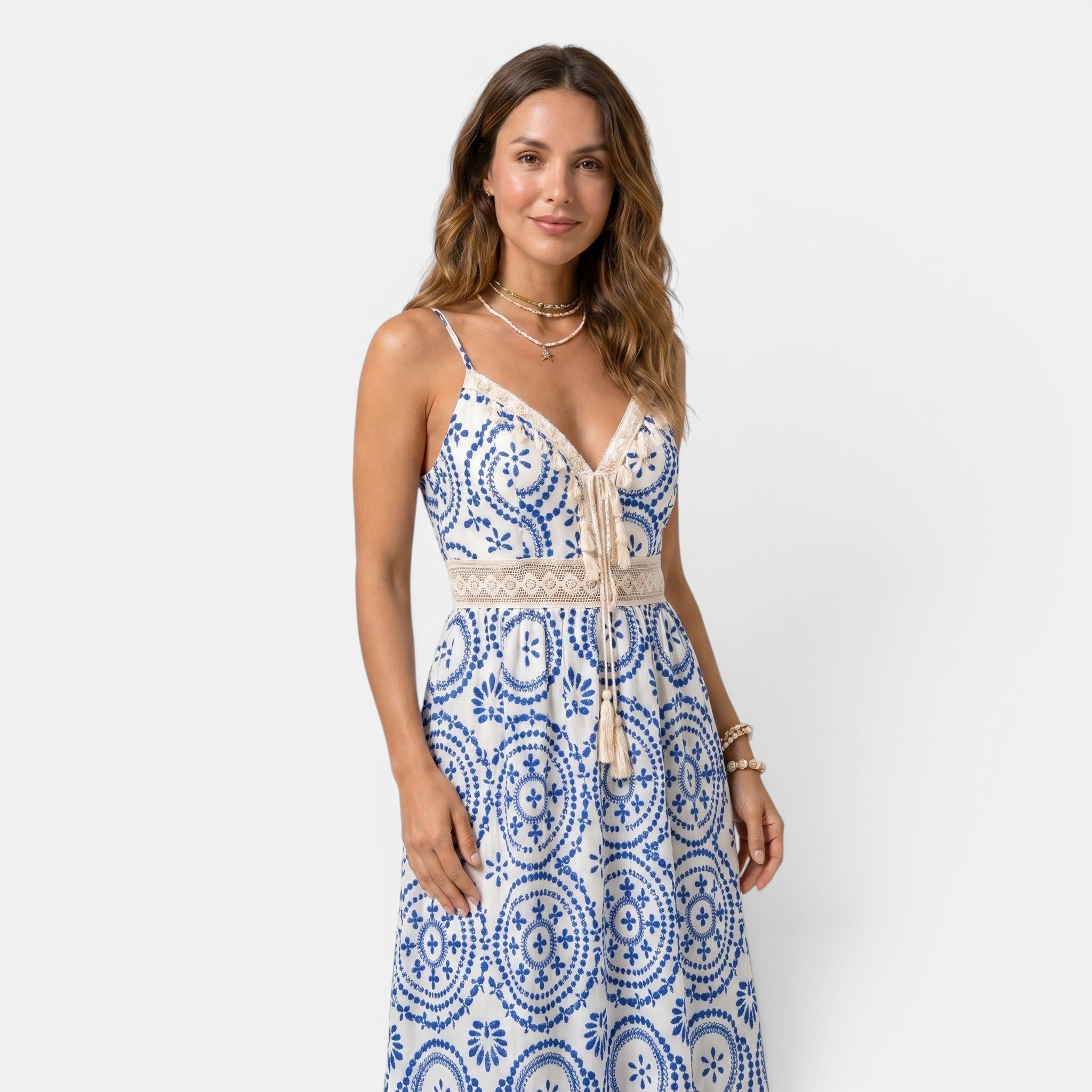 Embroidered Midi Dress with V-Neck and Tie Waist