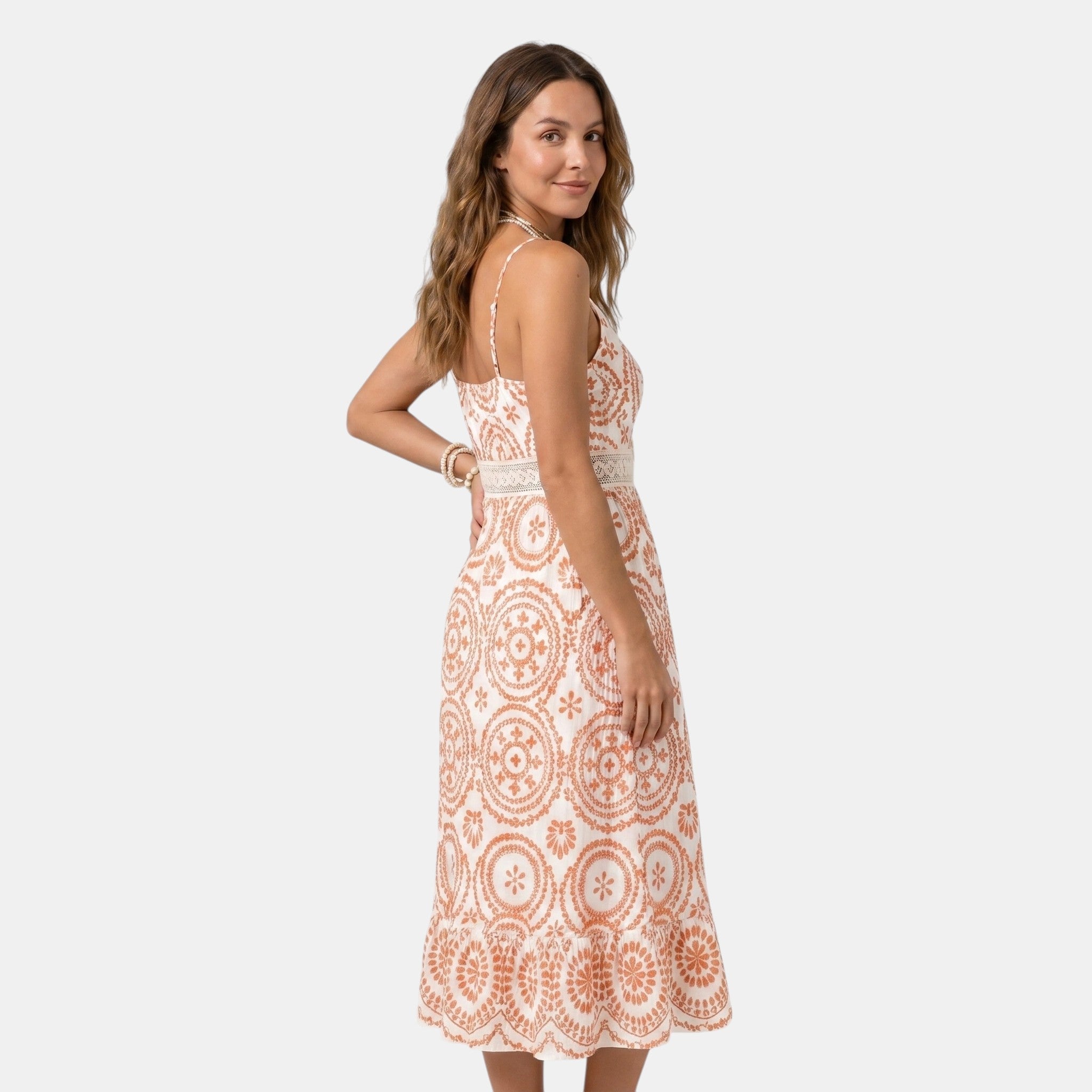 Embroidered Midi Dress with V-Neck and Tie Waist