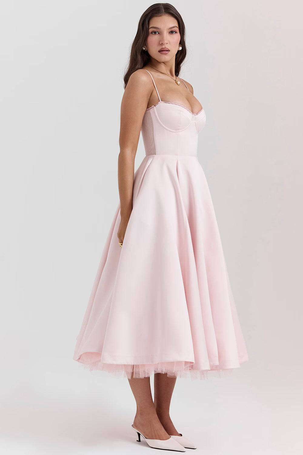 Corset Midi Dress with Sweetheart Neckline and Full Skirt