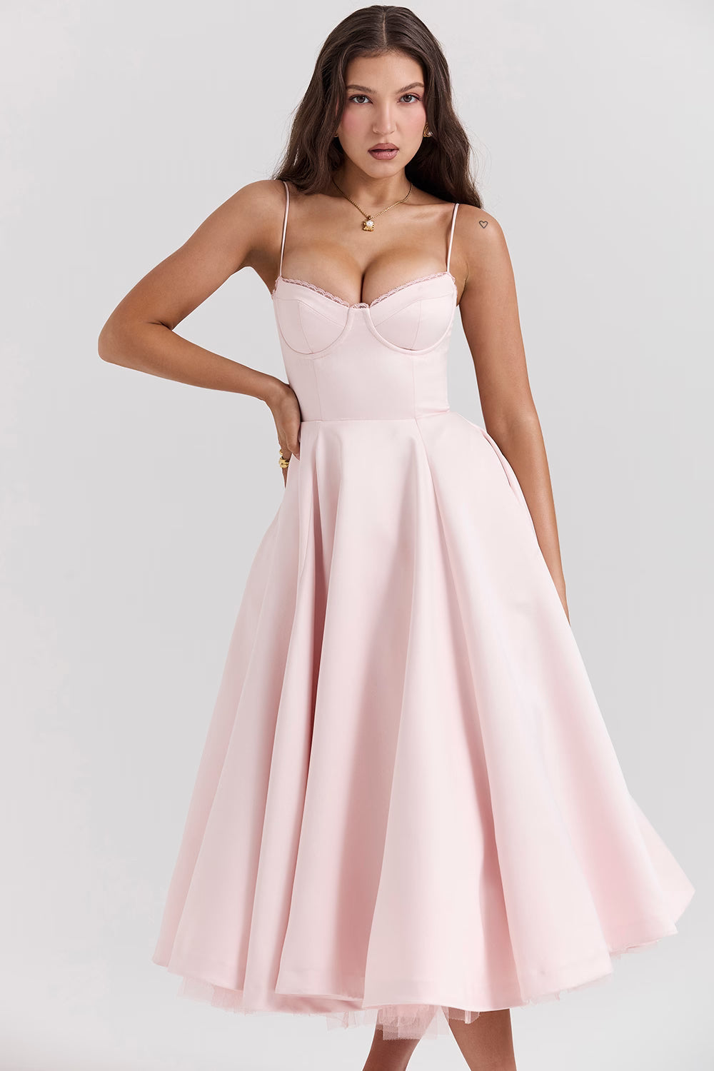 Corset Midi Dress with Sweetheart Neckline and Full Skirt