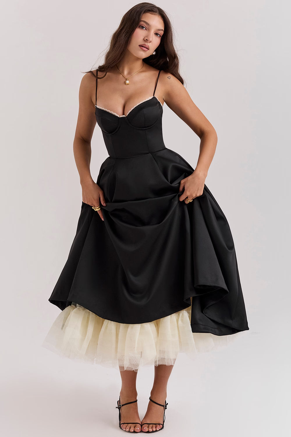 Corset Midi Dress with Sweetheart Neckline and Full Skirt