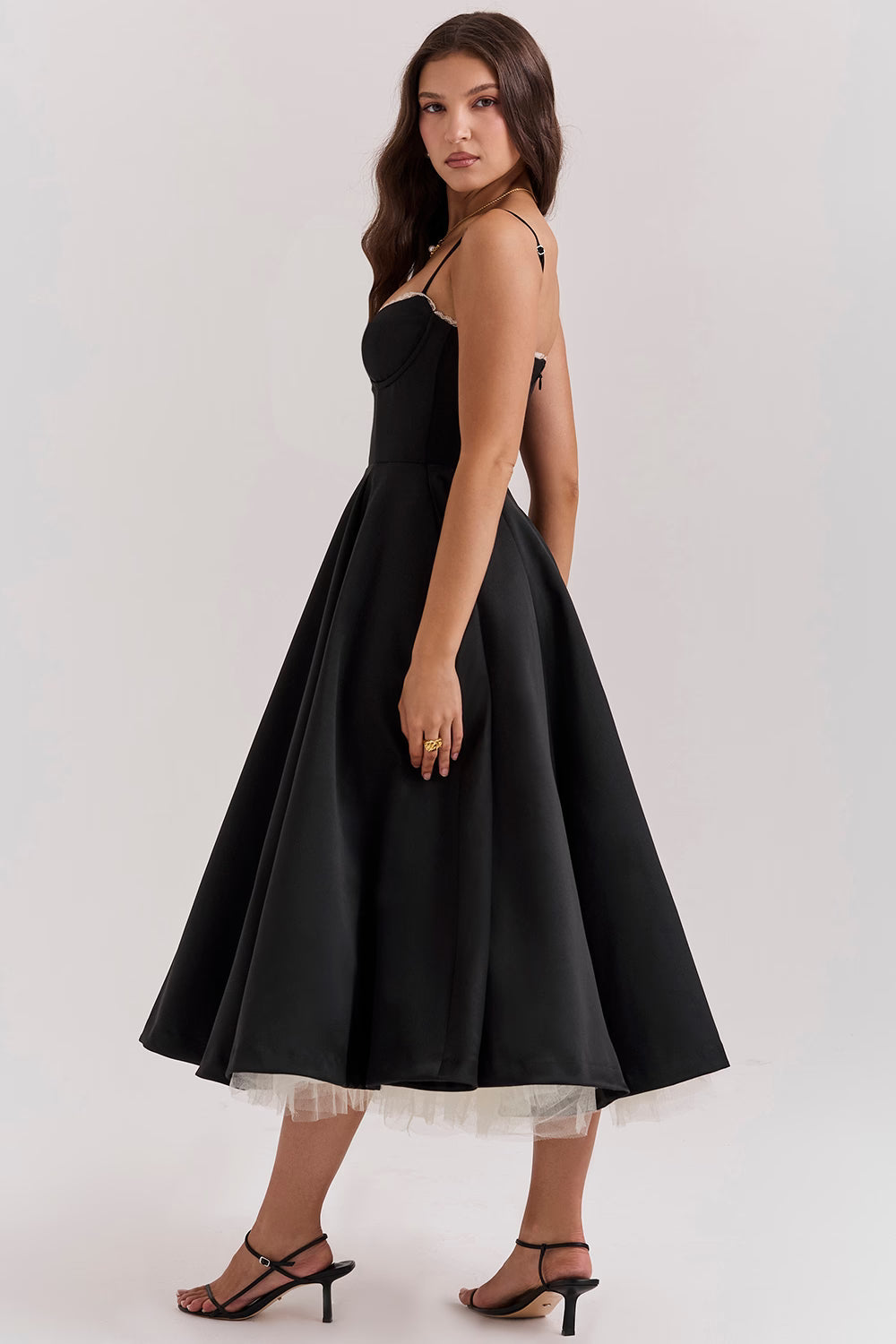 Corset Midi Dress with Sweetheart Neckline and Full Skirt