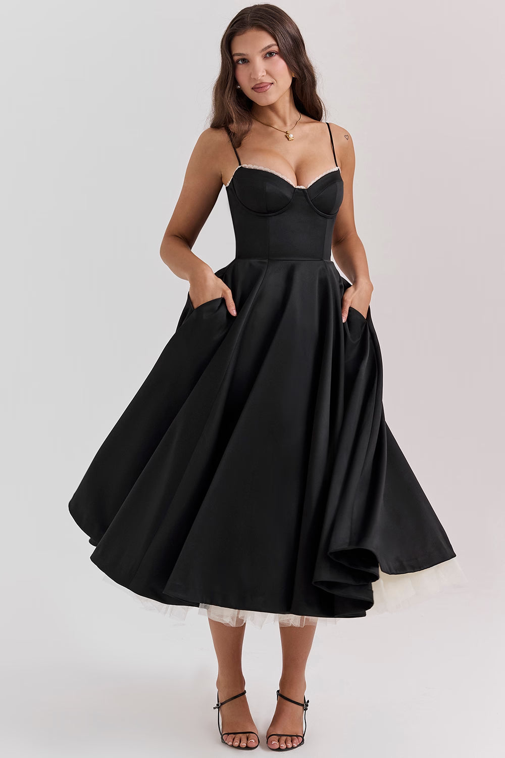 Corset Midi Dress with Sweetheart Neckline and Full Skirt