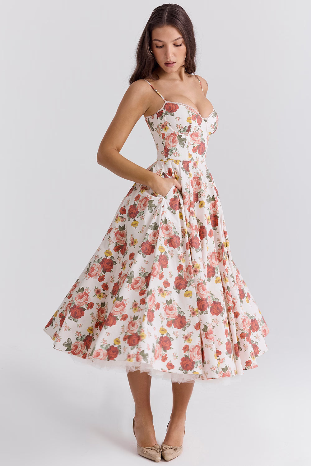 Corset Midi Dress with Sweetheart Neckline and Full Skirt