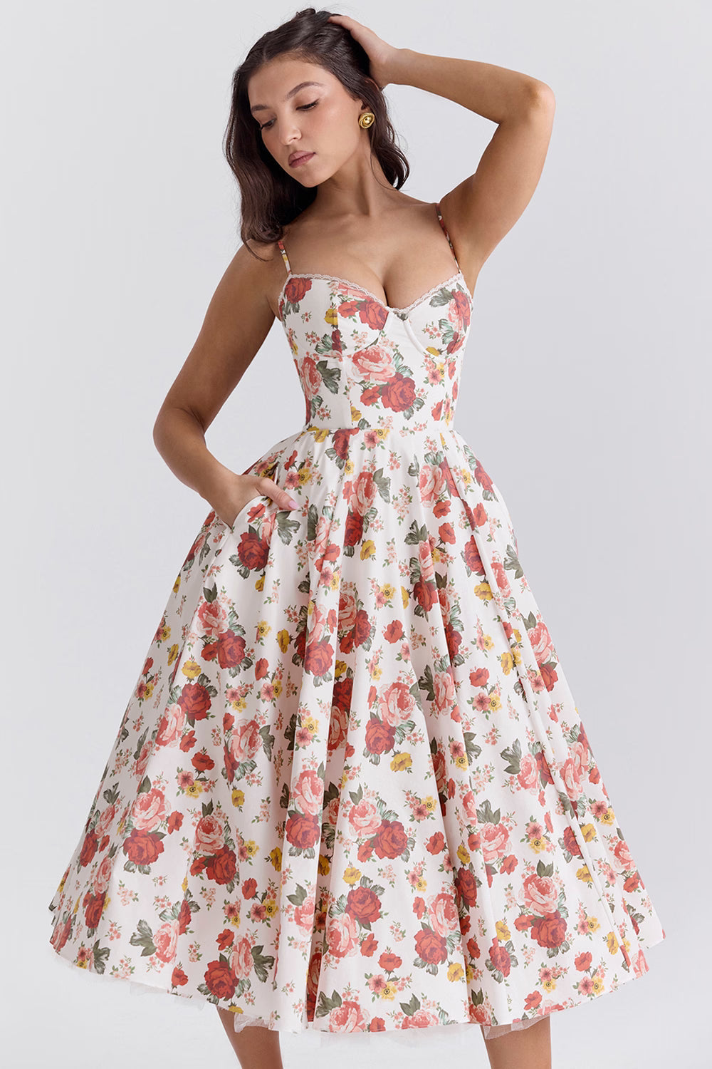 Corset Midi Dress with Sweetheart Neckline and Full Skirt