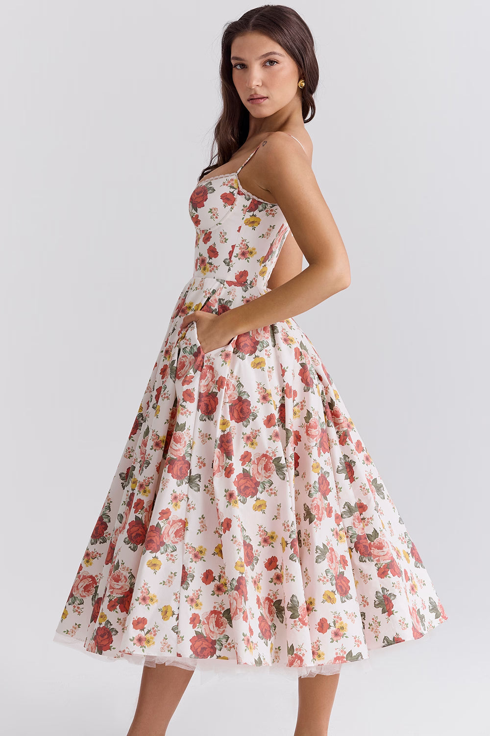 Corset Midi Dress with Sweetheart Neckline and Full Skirt