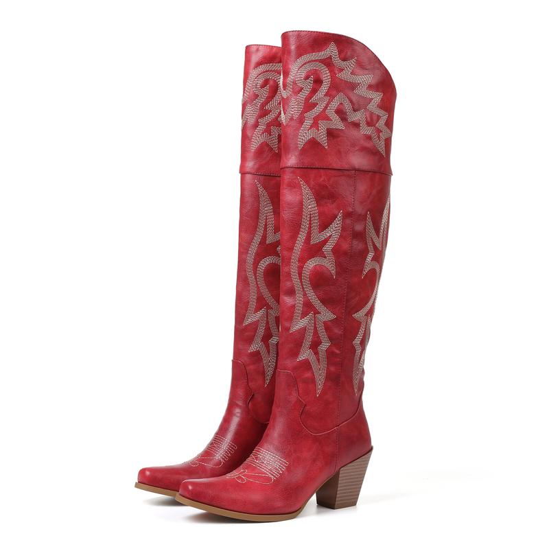 Bottes western brodées pour femmes, à talon bloc et hauteur genou