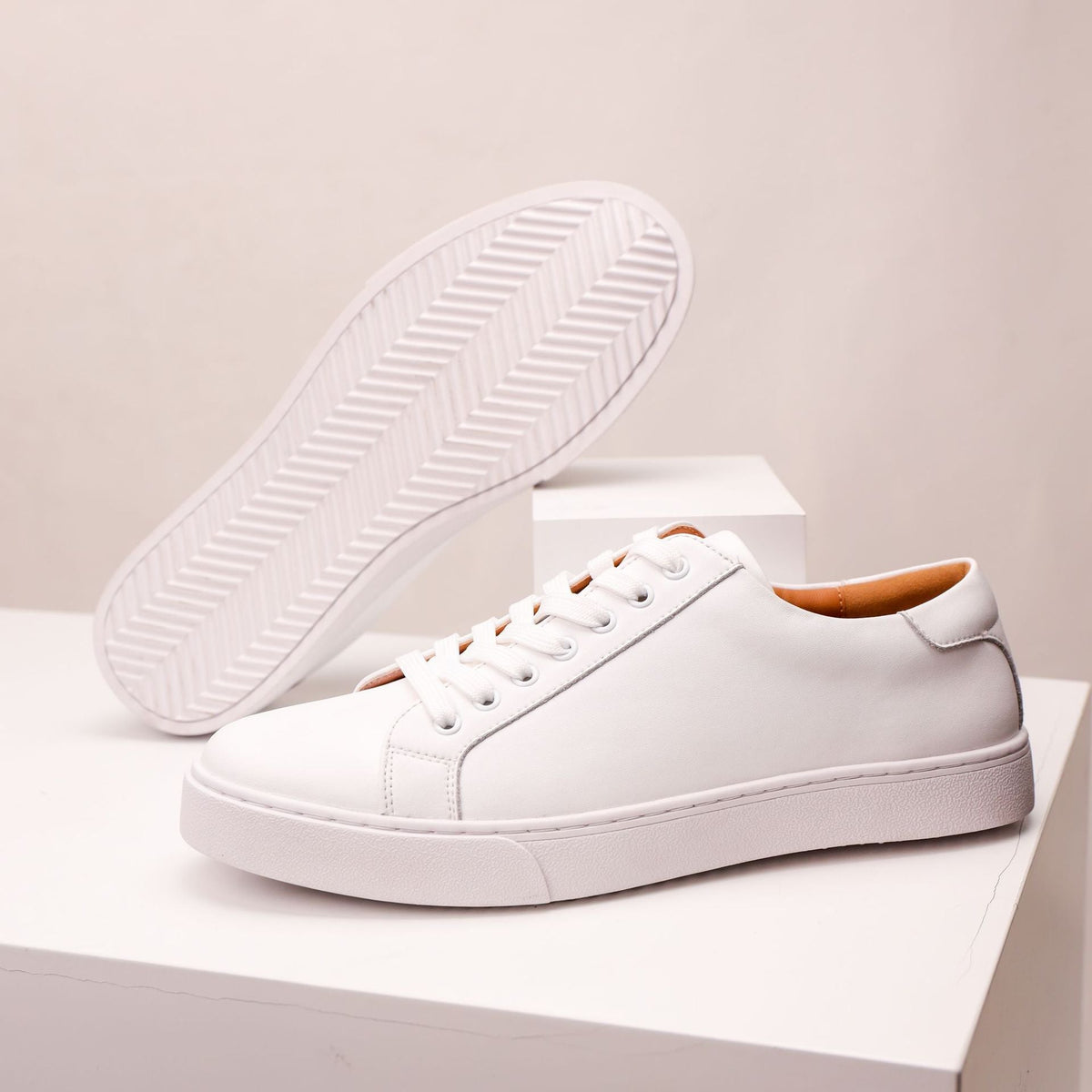 Men's White Leather Trainers | Low-Top Lace-Up Sneakers