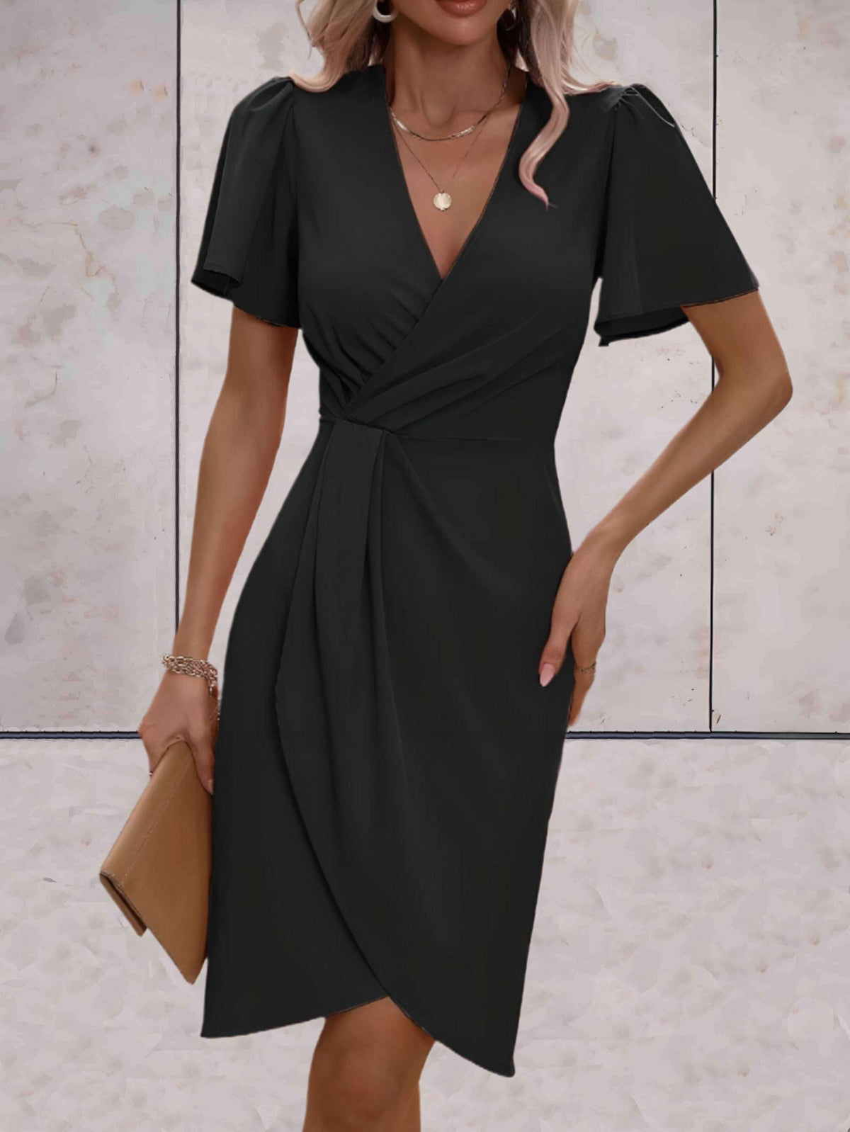 Women's Wrap Midi Dress with Puff Sleeves