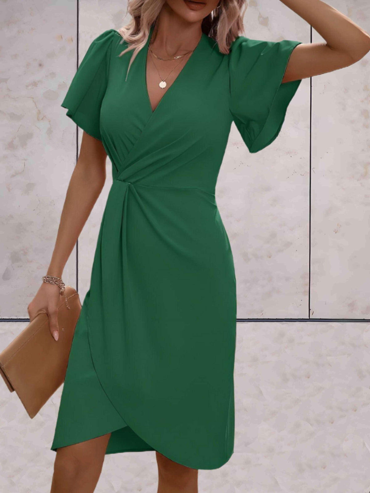 Women's Wrap Midi Dress with Puff Sleeves