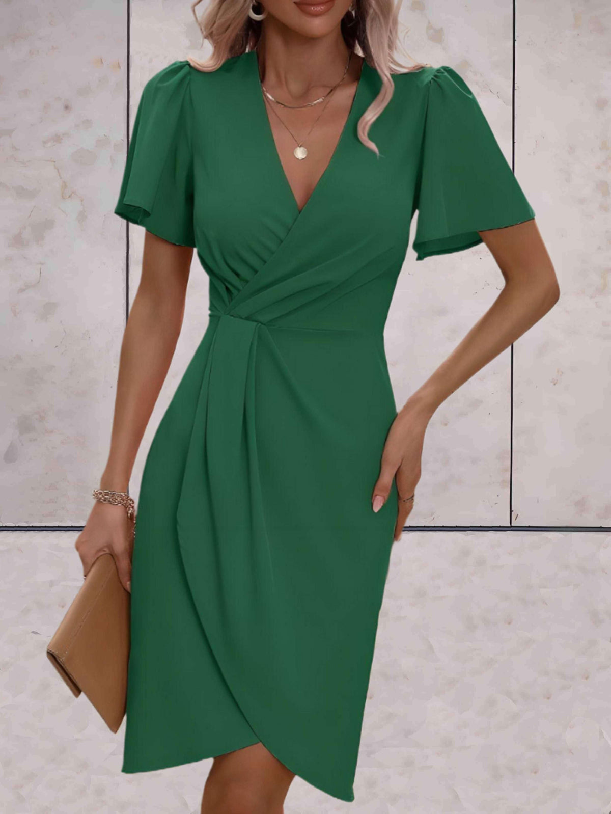 Women's Wrap Midi Dress with Puff Sleeves