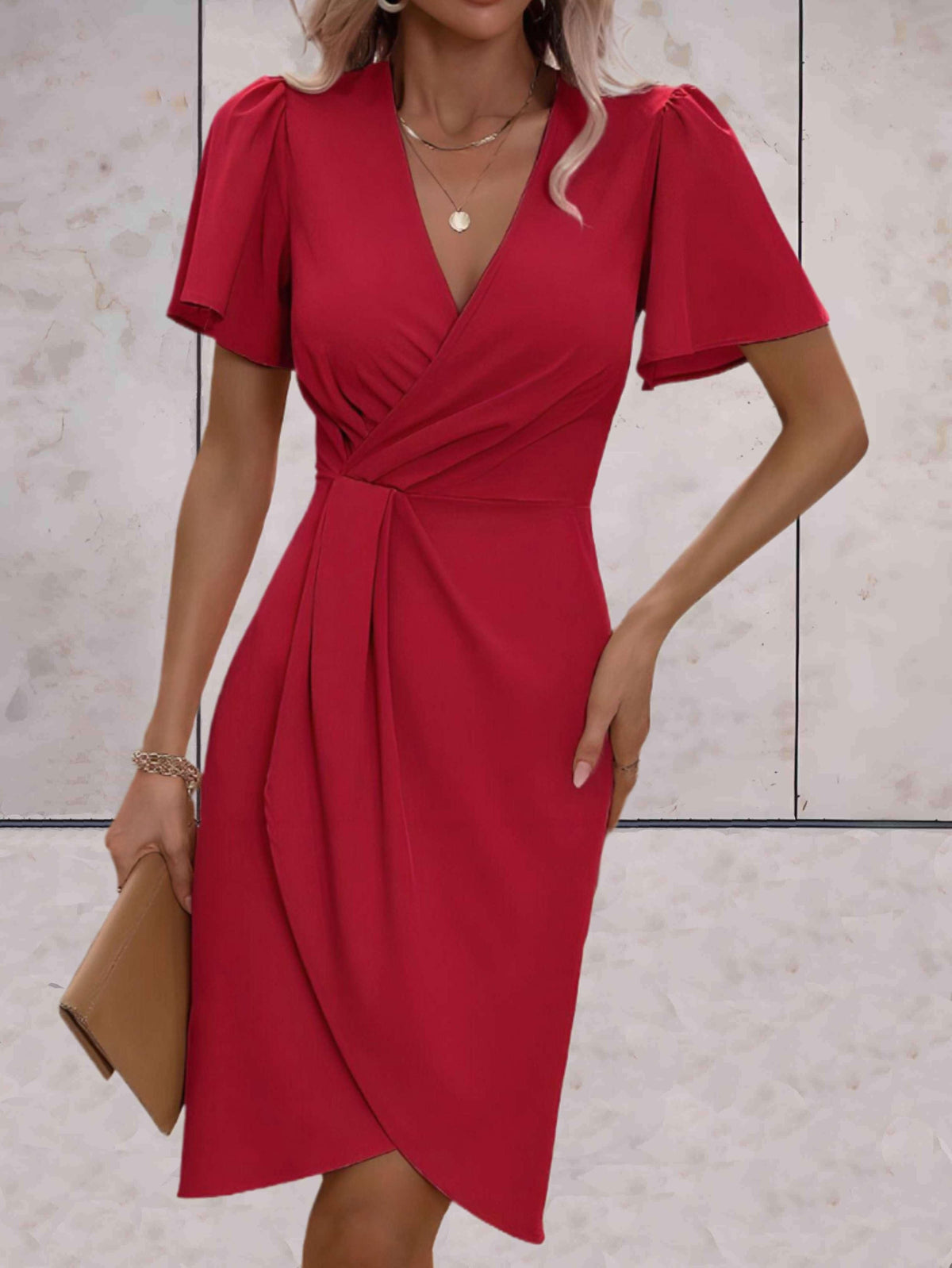 Women's Wrap Midi Dress with Puff Sleeves
