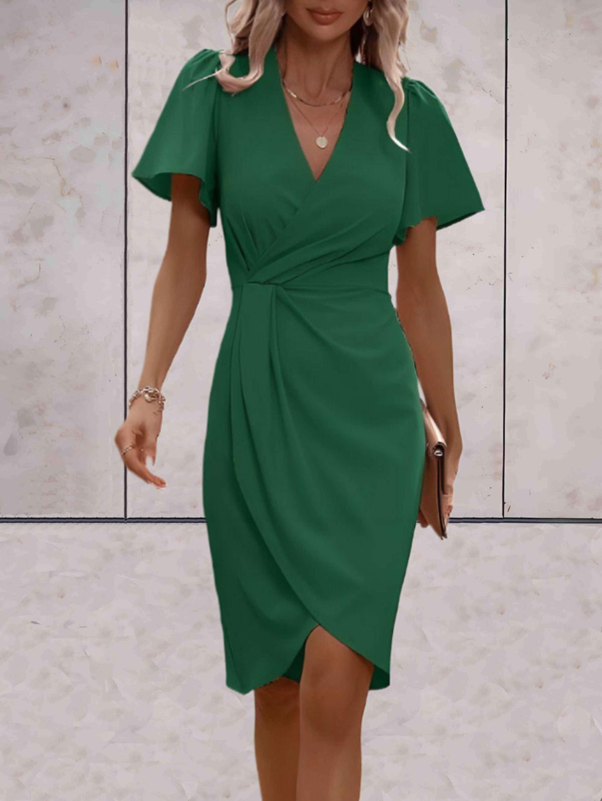 Women's Wrap Midi Dress with Puff Sleeves