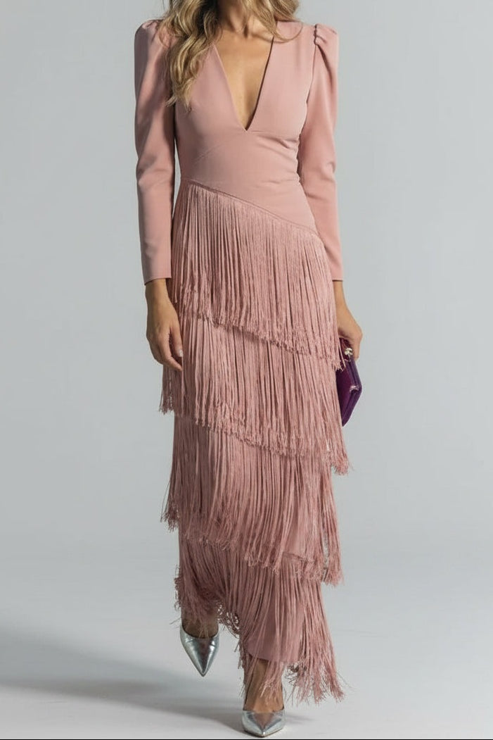 Women's Fringe Maxi Dress | Long Sleeve Knit Evening Gown