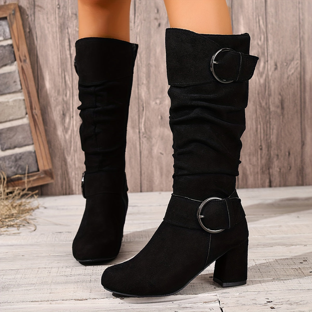 Women’s Knee-High Slouch Boots with Buckle Detail