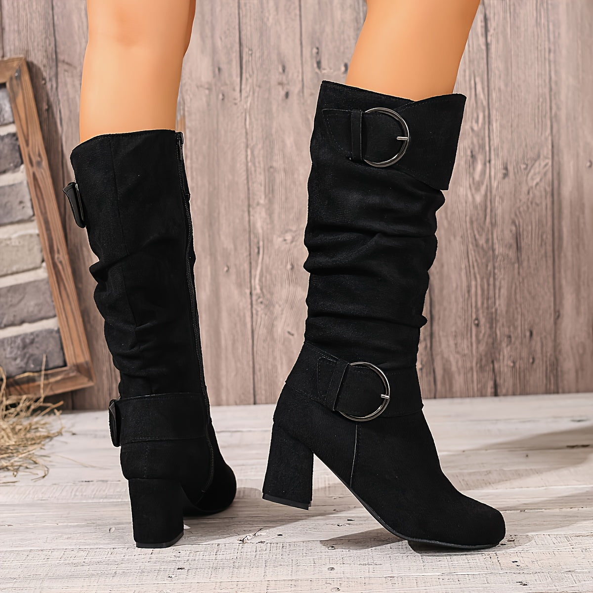 Women’s Knee-High Slouch Boots with Buckle Detail