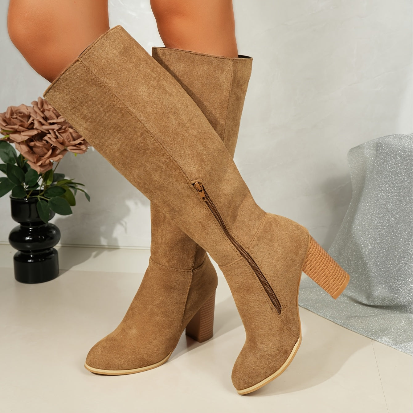 Women’s Knee-High Suede-Look Boots with Block Heel