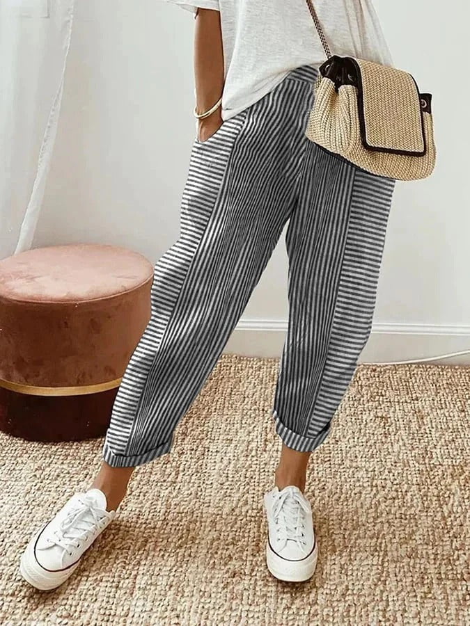 Striped Trousers in Cotton with Elastic Waist