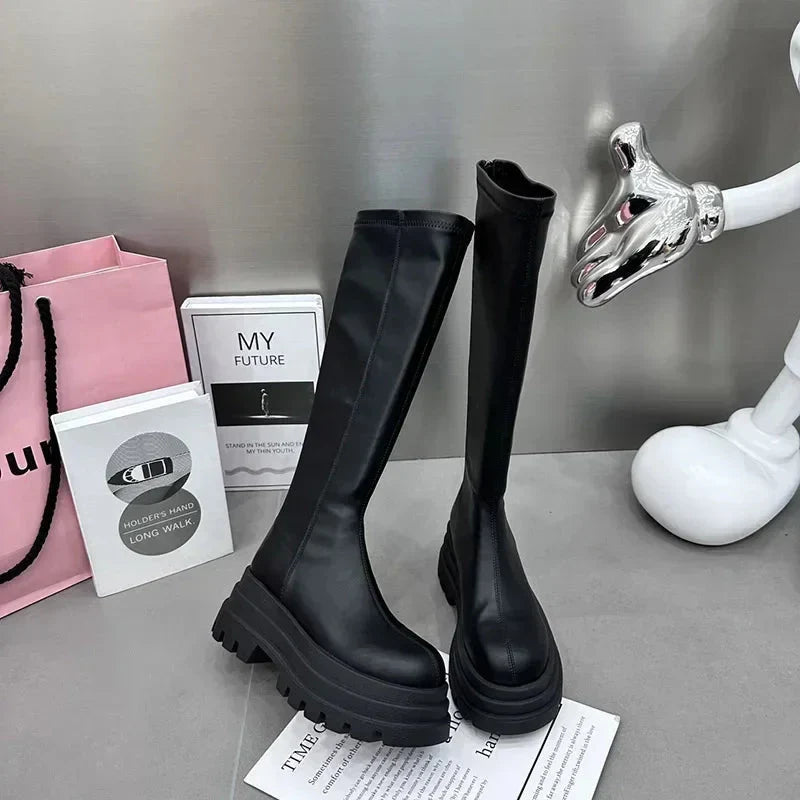 Bottes de cowboy noires pour femme montant jusqu'au genou | Semelle crantée compensée