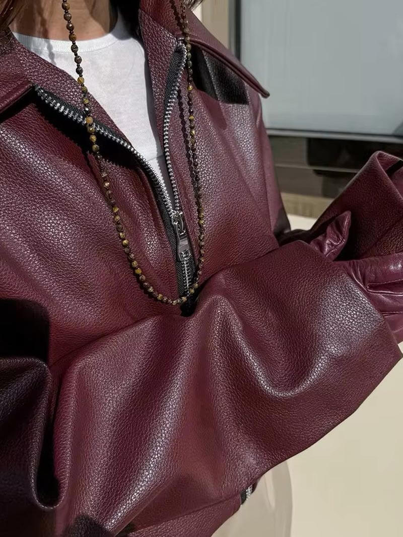 Women’s Faux Leather Bomber Jacket with Zip Front