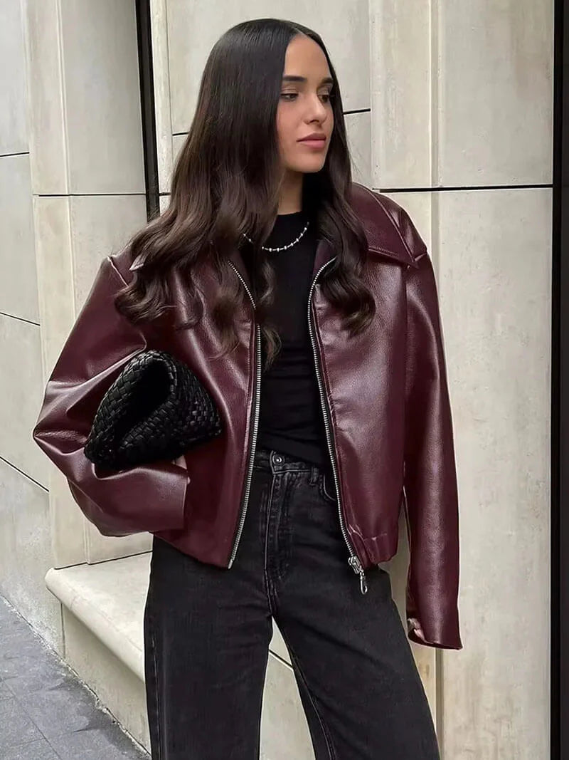 Veste bomber femme en similicuir avec fermeture zippée sur le devant