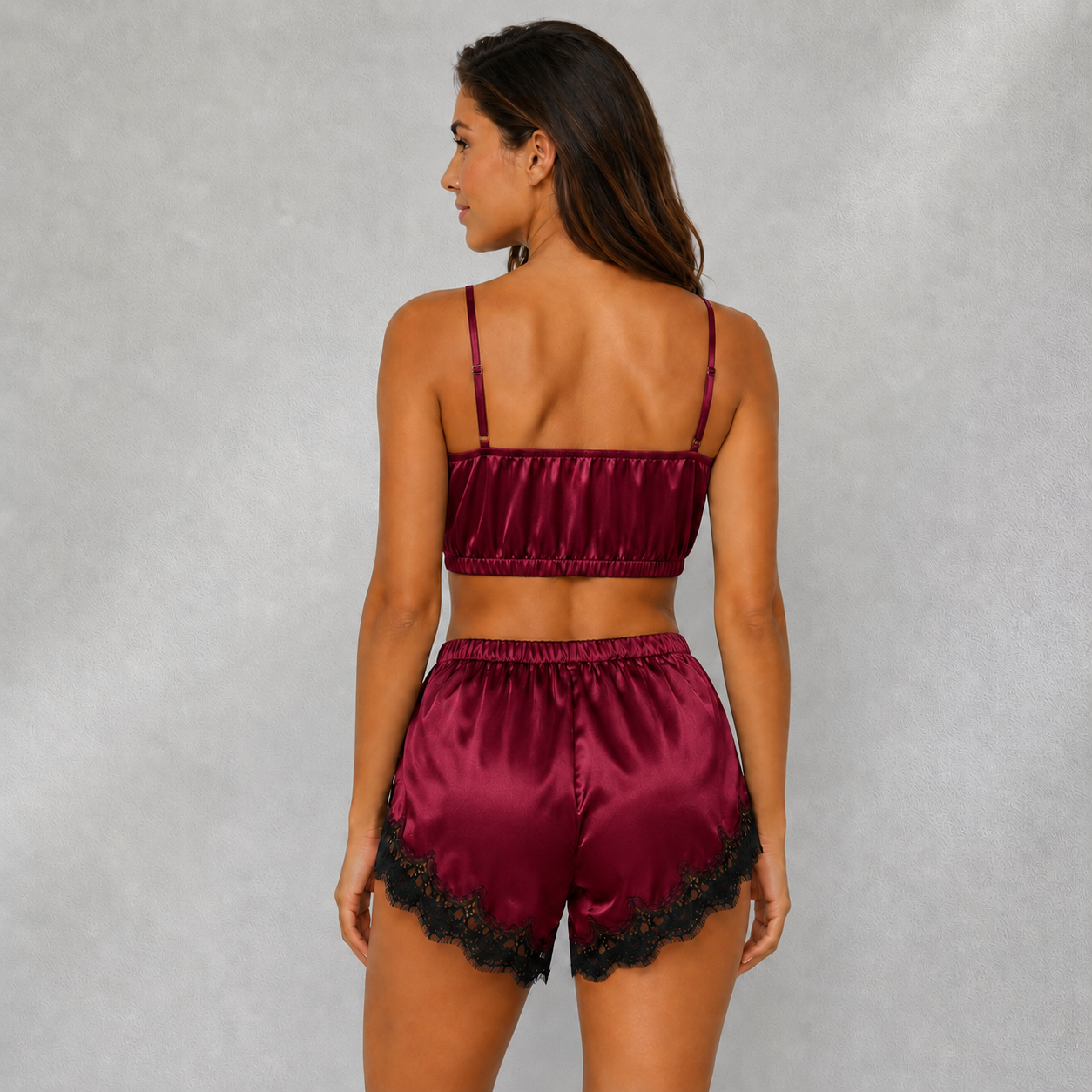 Satin Pyjama Set with Lace-Trimmed Cami and Shorts