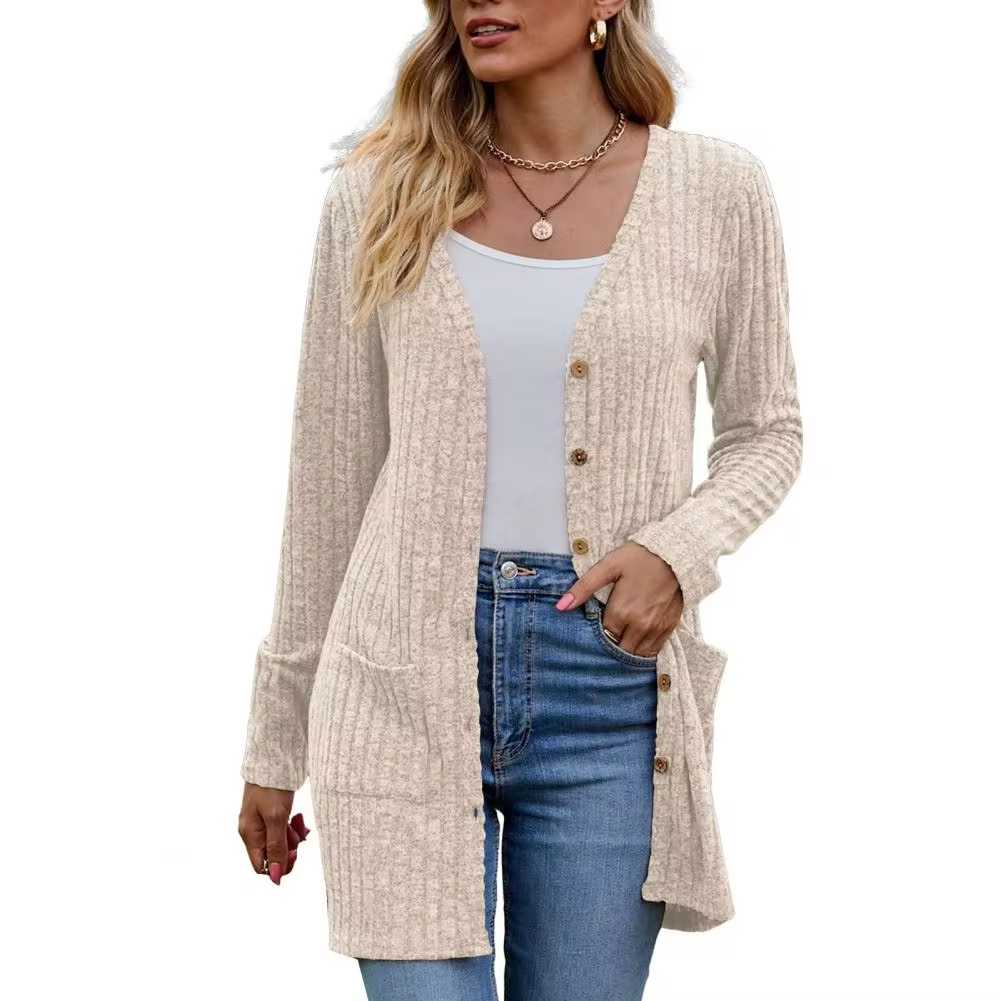 Cardigan boutonné côtelé long pour femme