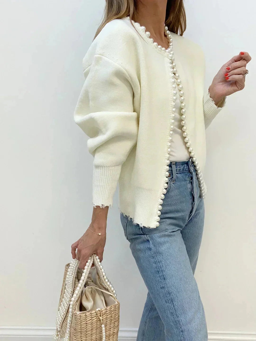 Women’s Pearl Trim Open Front Knit Cardigan