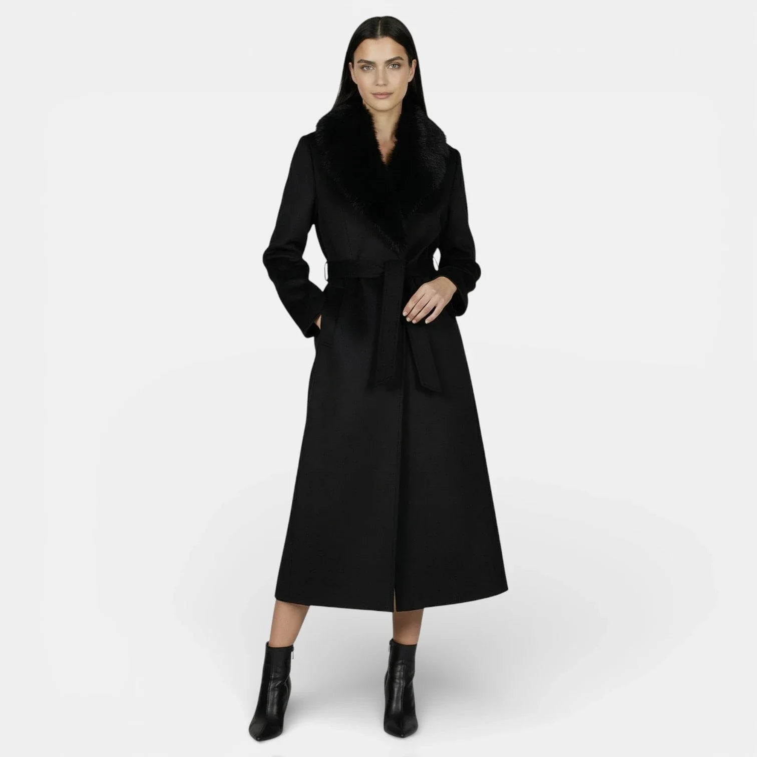 Women's Faux Fur Collar Belted Long Coat
