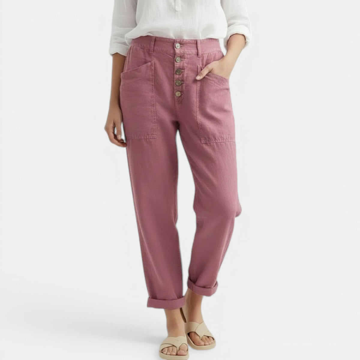 Pantalon décontracté taille haute pour femme avec poches plaquées