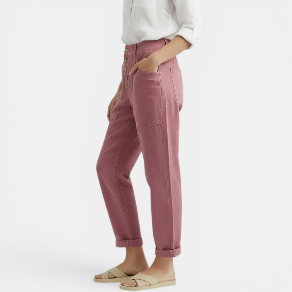 Pantalon décontracté taille haute pour femme avec poches plaquées