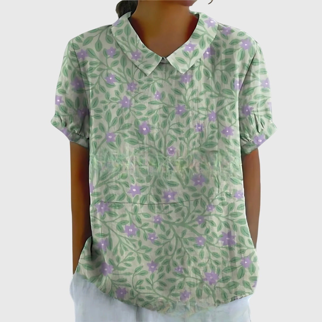Floral Print Blouse with Collar and Short Sleeves