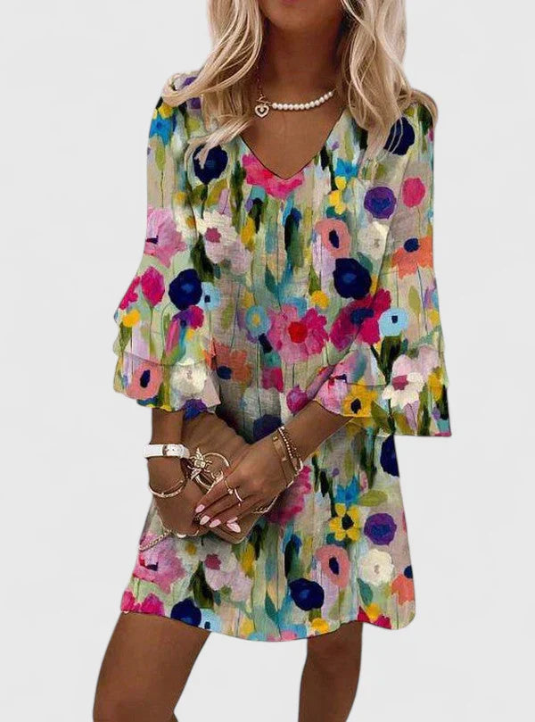 Floral Print Shift Dress with Bell Sleeves