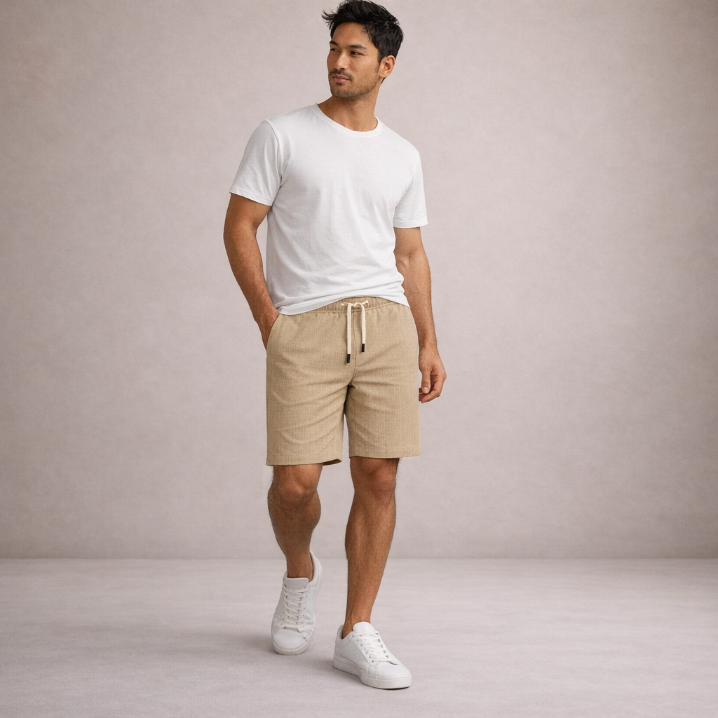 Linen-Blend Drawstring Shorts with Striped Texture
