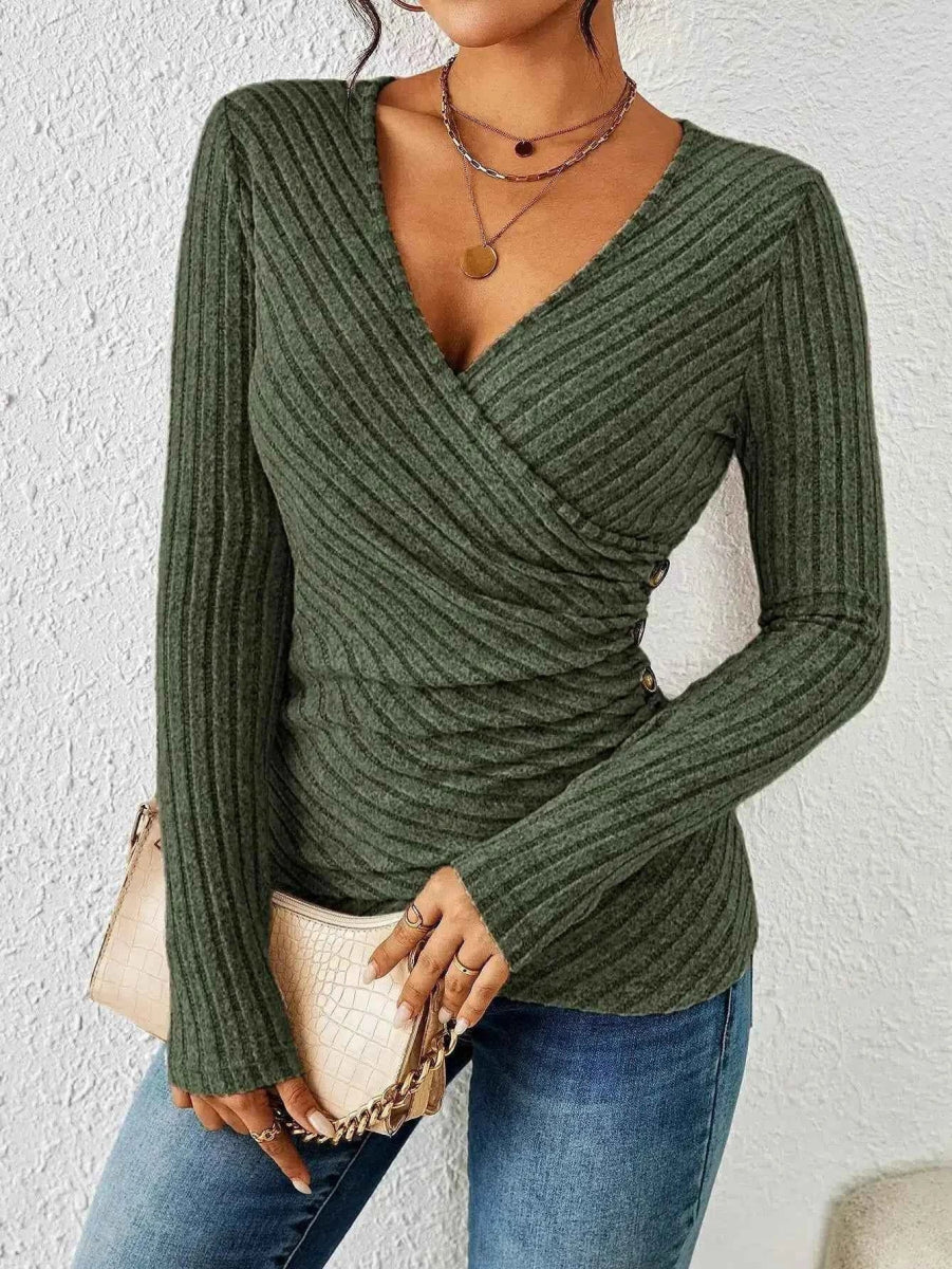 Women's Ribbed Wrap Front Long Sleeve Top