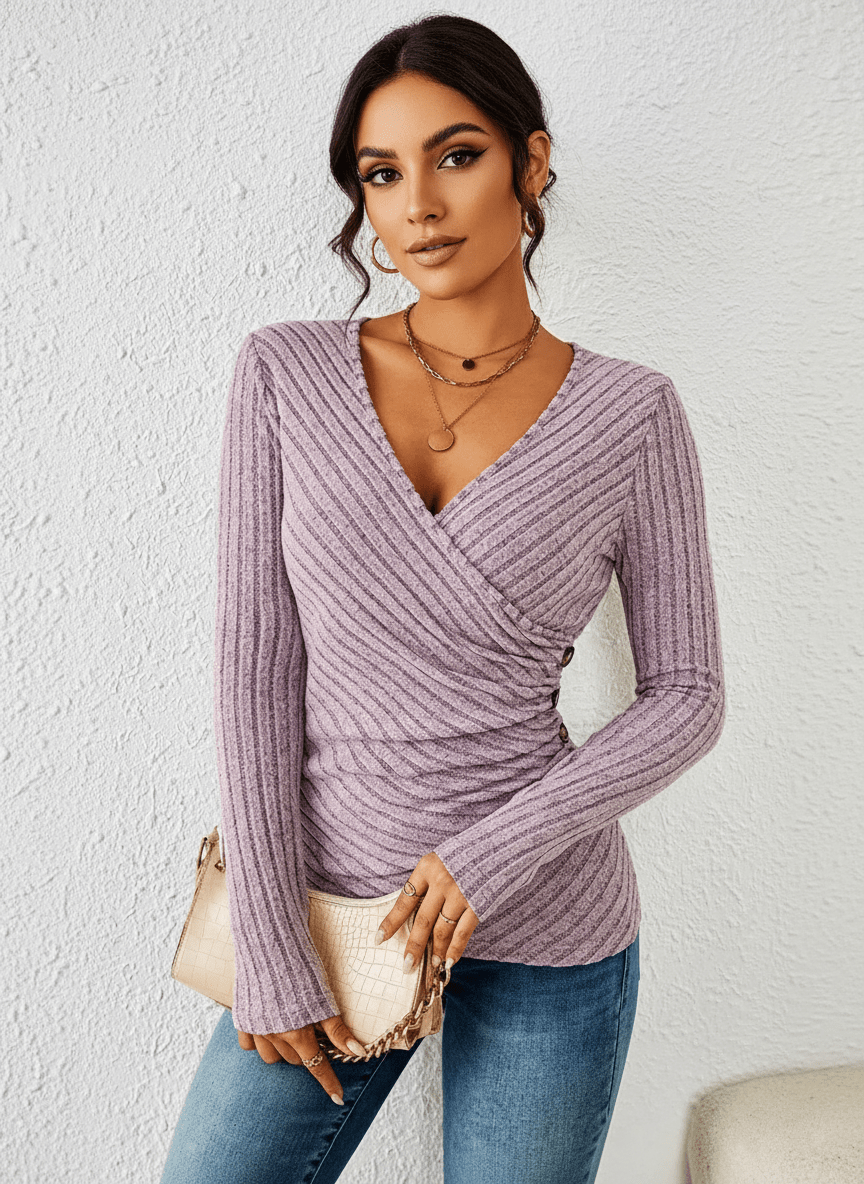 Women's Ribbed Wrap Front Long Sleeve Top