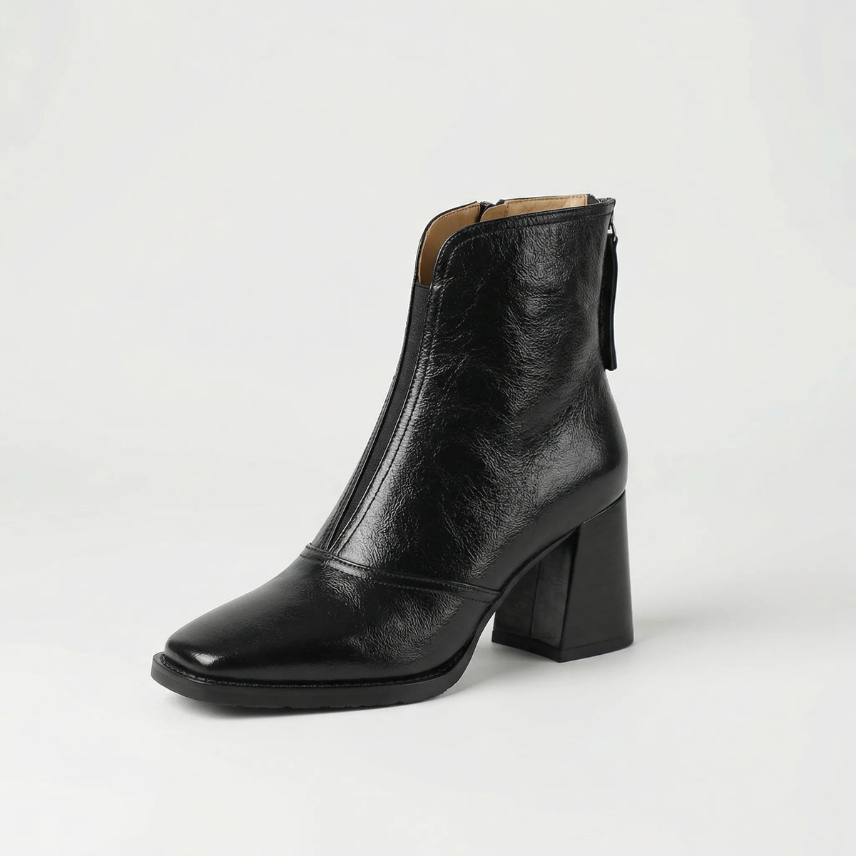Women's Glossy Block Heel Ankle Boots with Zip Closure