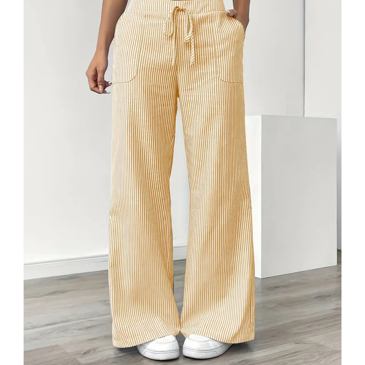 Pantalon large rayé pour femme avec cordon de serrage et poches