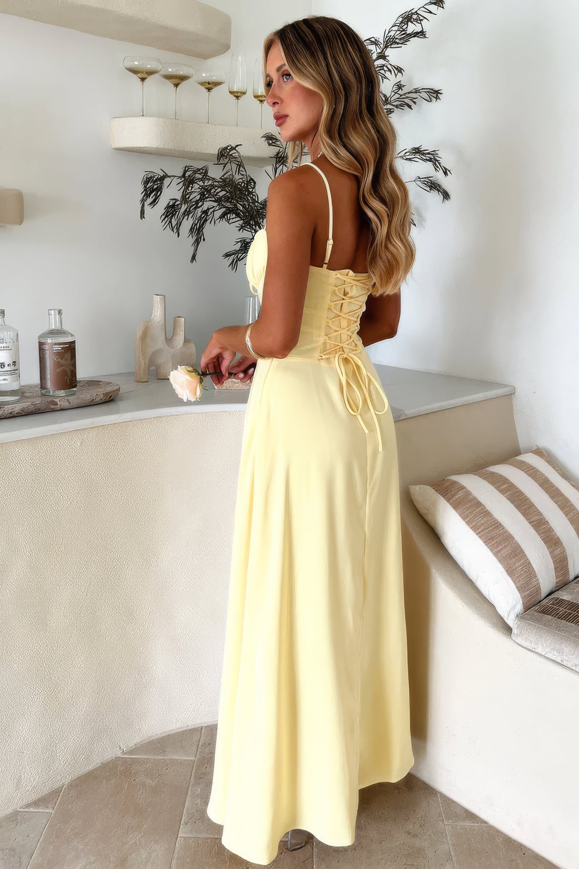 Women's Corset Bodice Maxi Dress with Thin Straps