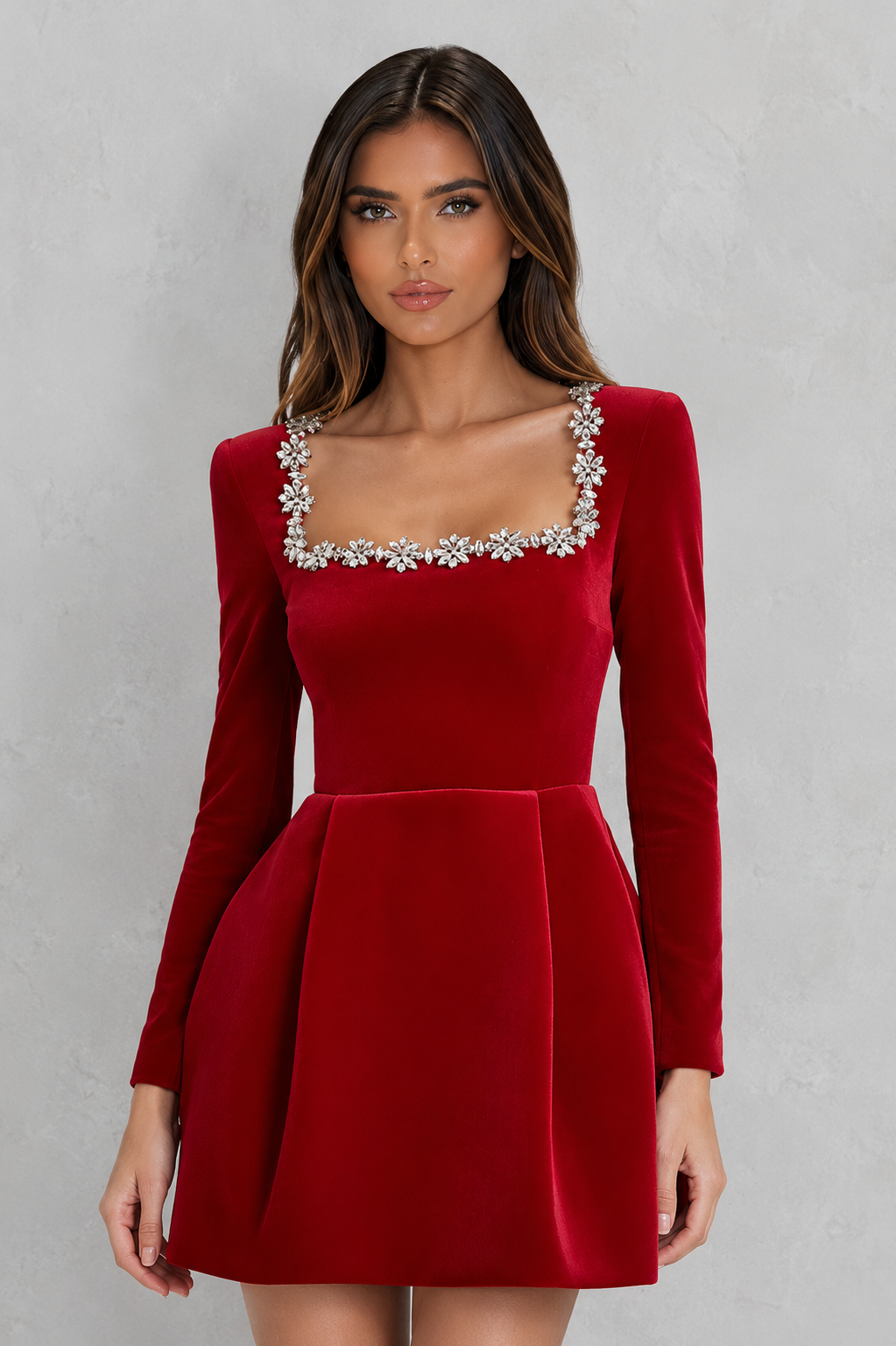Women's Velvet Christmas Party Dress with Jewelled Neckline