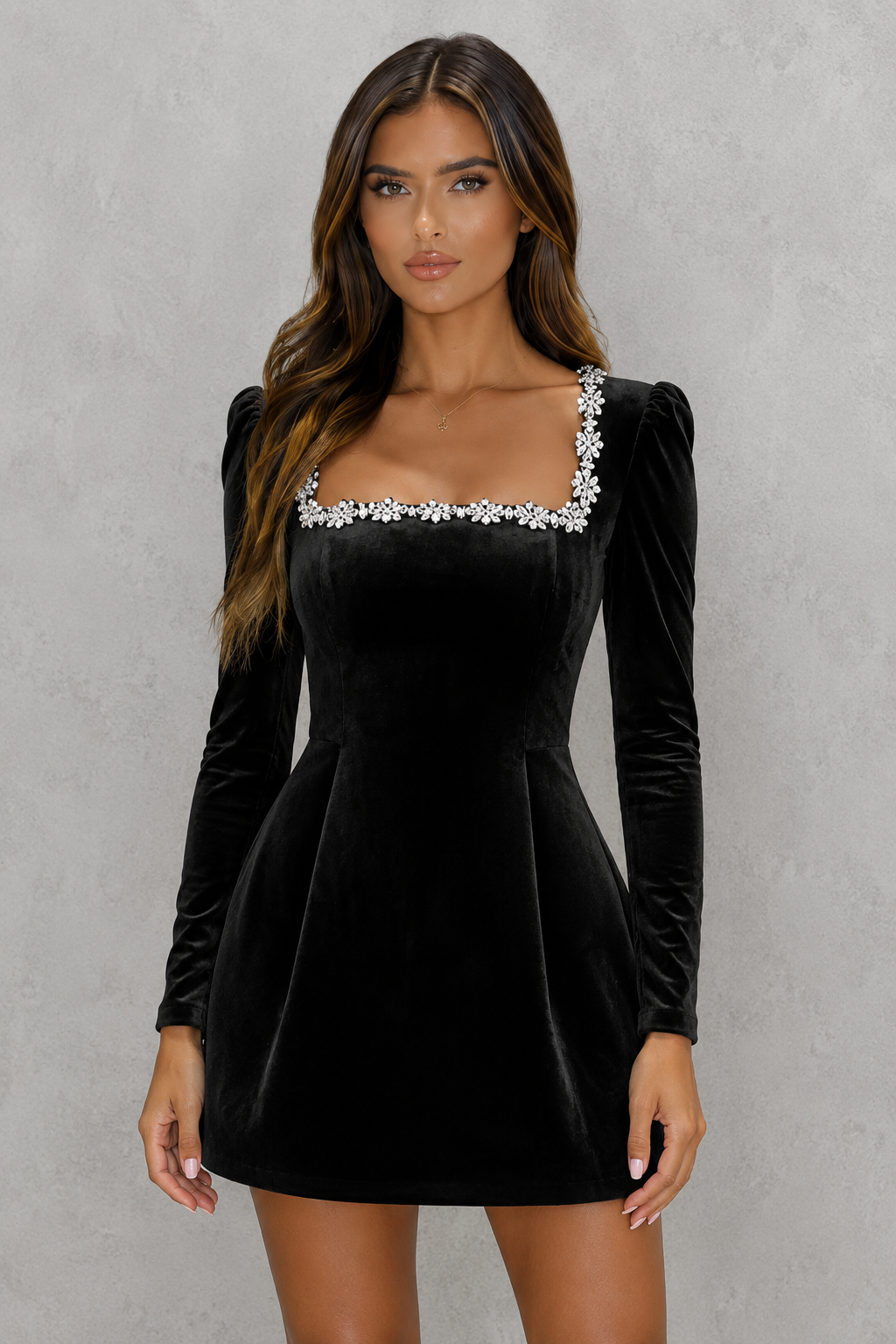 Women's Velvet Christmas Party Dress with Jewelled Neckline