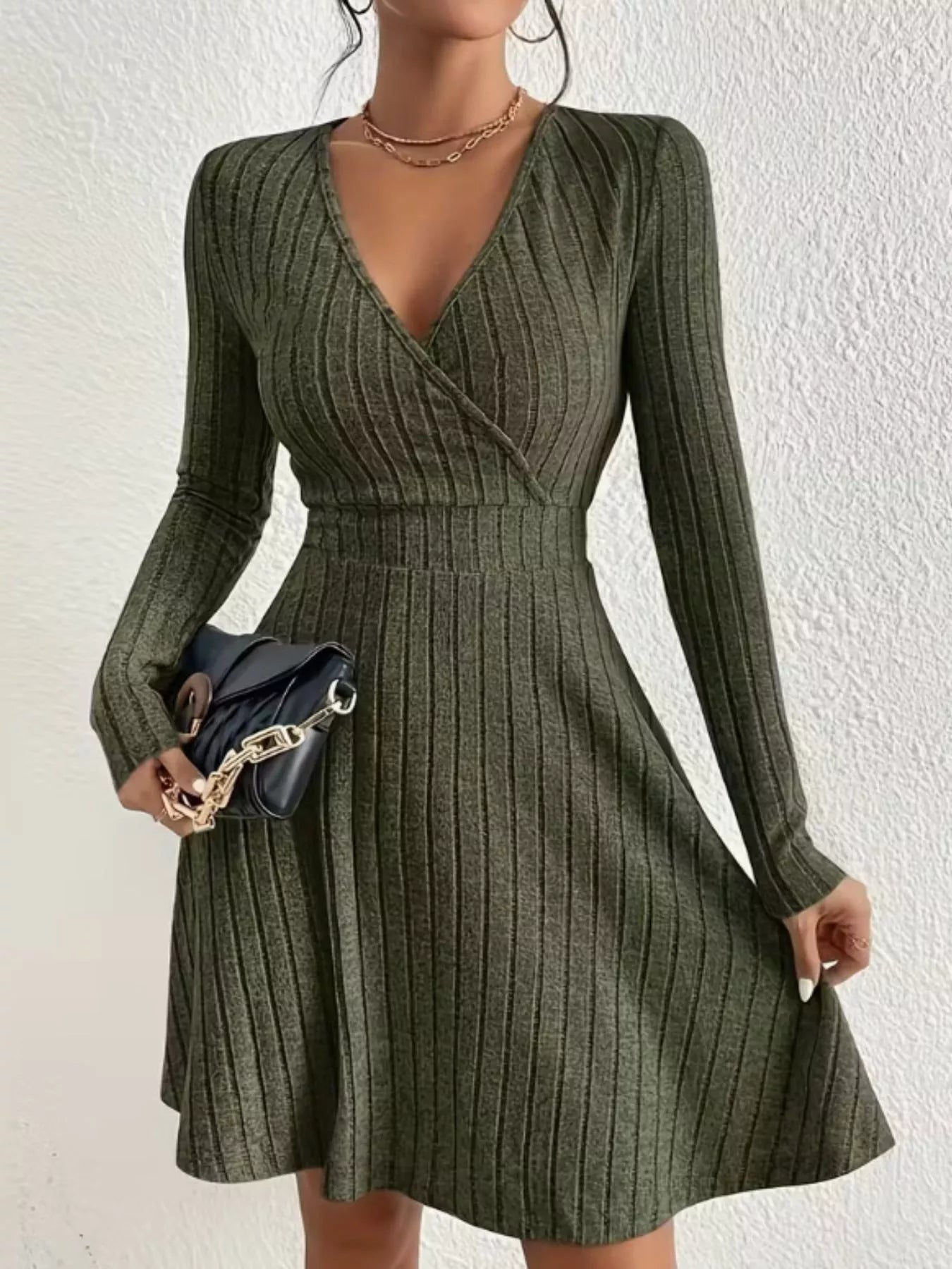 Women’s Ribbed Wrap Mini Dress with Flared Skirt