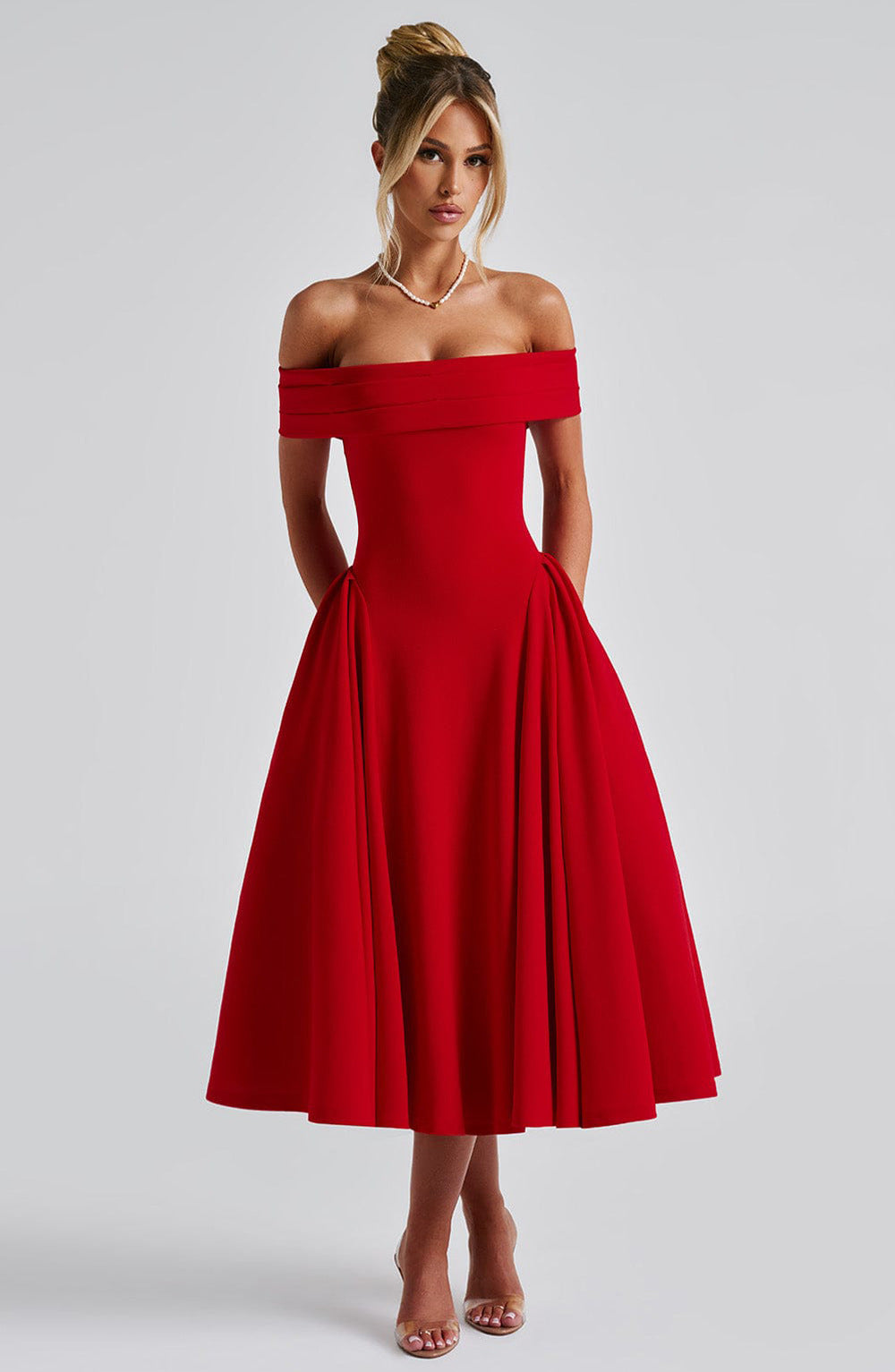 Women's Off-Shoulder Midi Party Dress | Pleated Flare