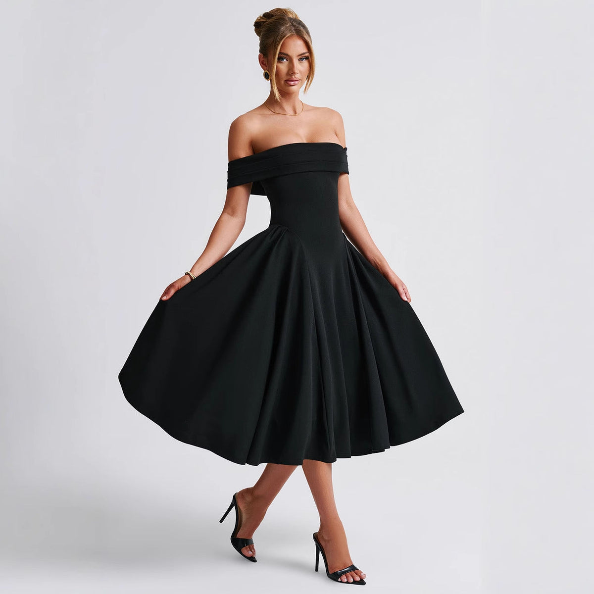 Women's Off-Shoulder Midi Party Dress | Pleated Flare