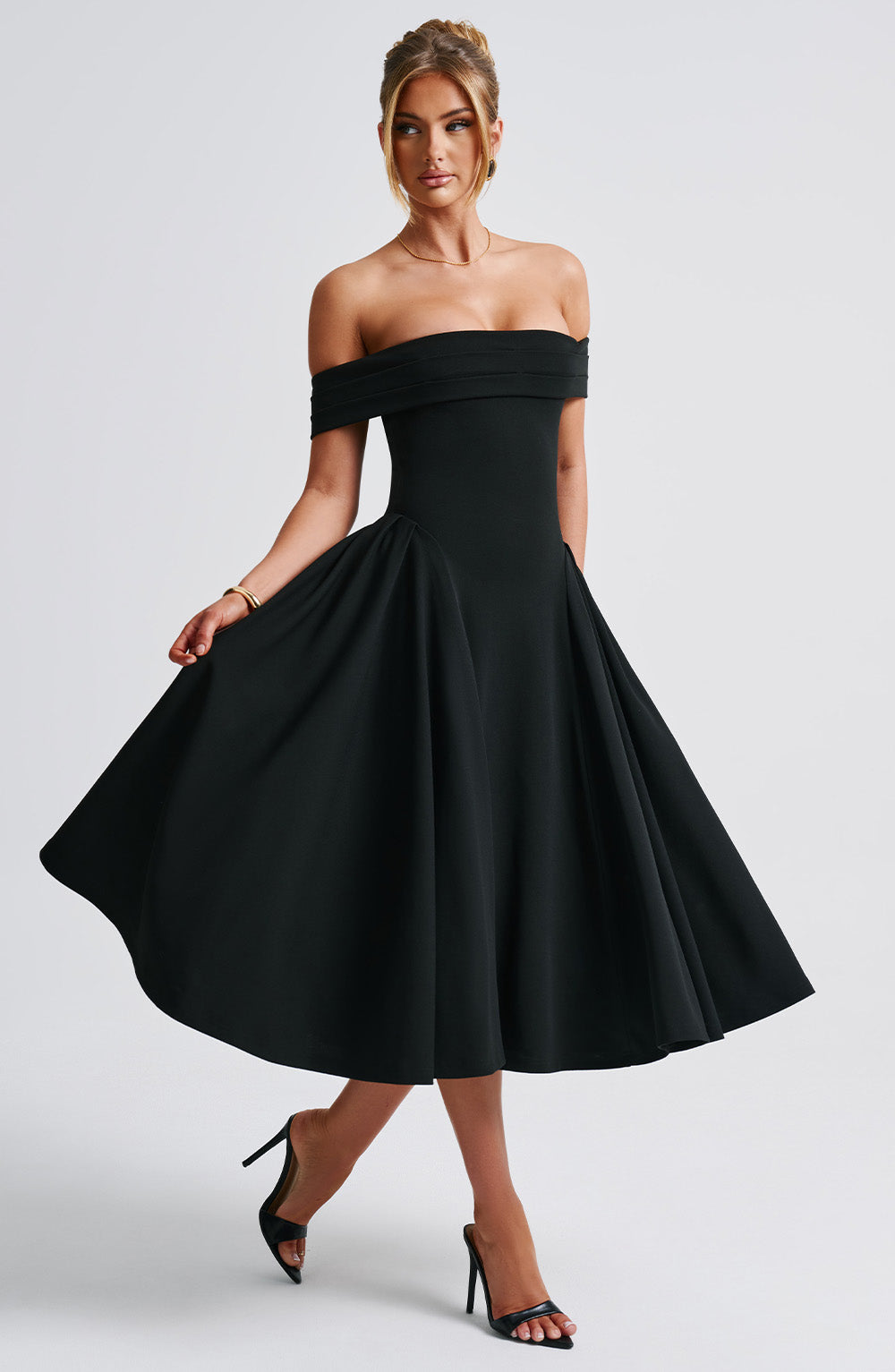 Women's Off-Shoulder Midi Party Dress | Pleated Flare