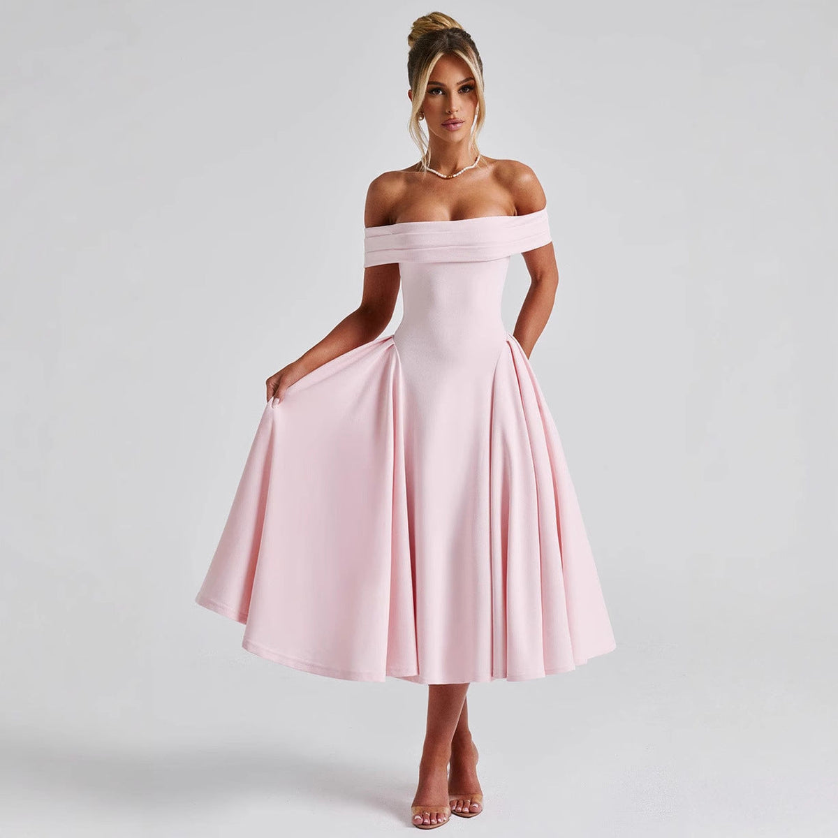 Women's Off-Shoulder Midi Party Dress | Pleated Flare